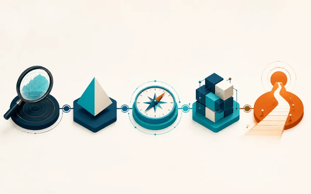 Marco para decidir una estrategia digital B2B: contexto, oferta, posicionamiento, activos y activación.